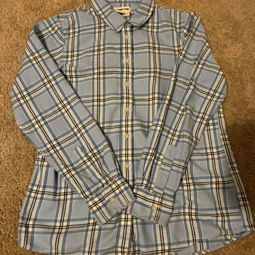 Soft Pastel Blue Checkered Flannel Shirt Lands' End M